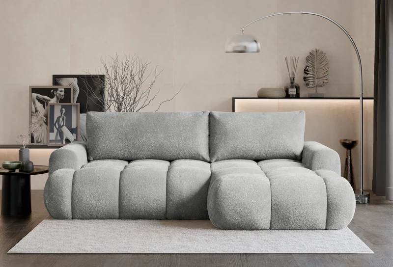 Ecksofa mit Schlaffunktion Ombo Mini, L-förmig, rechtsseitig, mit Stauraum, hellgrauer Bouclé-Stoff