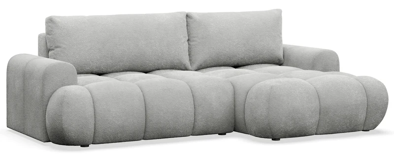 Ecksofa mit Schlaffunktion Ombo Mini, L-förmig, rechtsseitig, mit Stauraum, hellgrauer Bouclé-Stoff