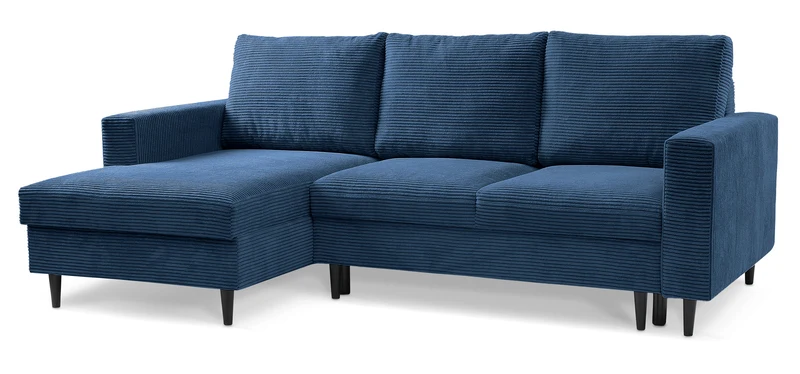 Ecksofa mit Schlaffunktion Nalika, L-förmig, mit Stauraum, dunkelblauer Cordstoff, linksseitig