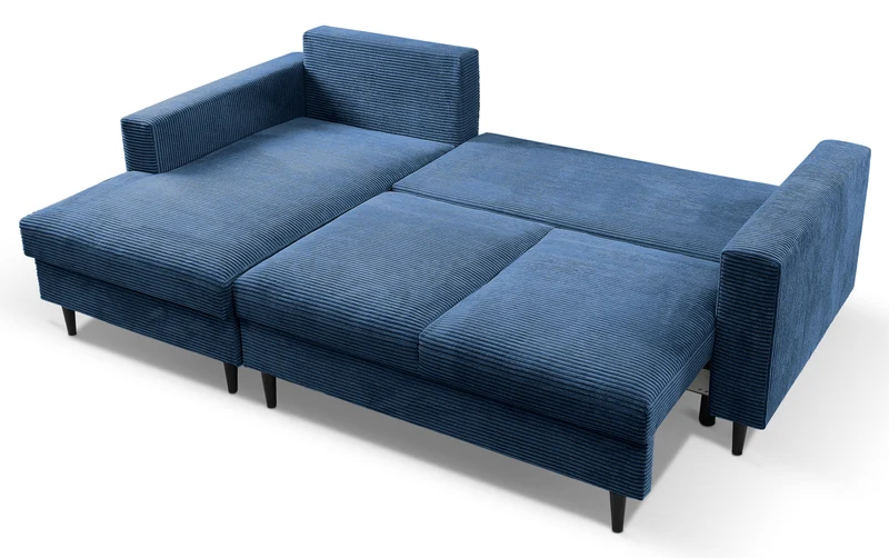 Ecksofa mit Schlaffunktion Nalika, L-förmig, mit Stauraum, dunkelblauer Cordstoff, linksseitig