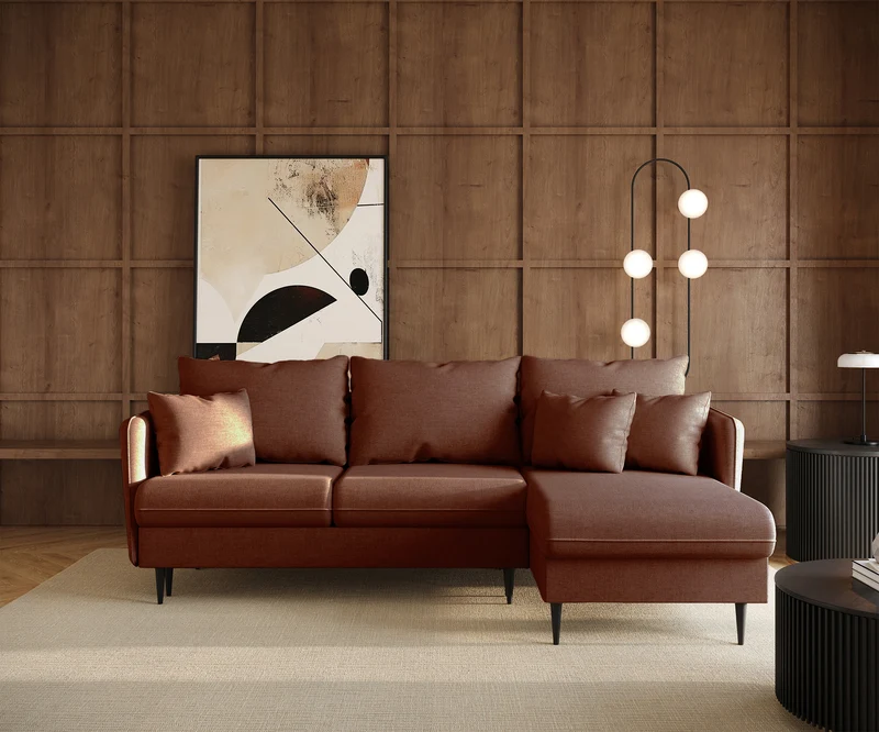 Ecksofa mit Schlaffunktion Volio L-förmig kupferfarbener Chenille Stoff, schwarze Beine