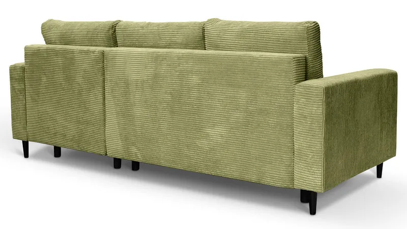 Ecksofa mit Schlaffunktion Nalika, L-förmig, mit Stauraum, pistaziengrüner Cordstoff, rechtsseitig