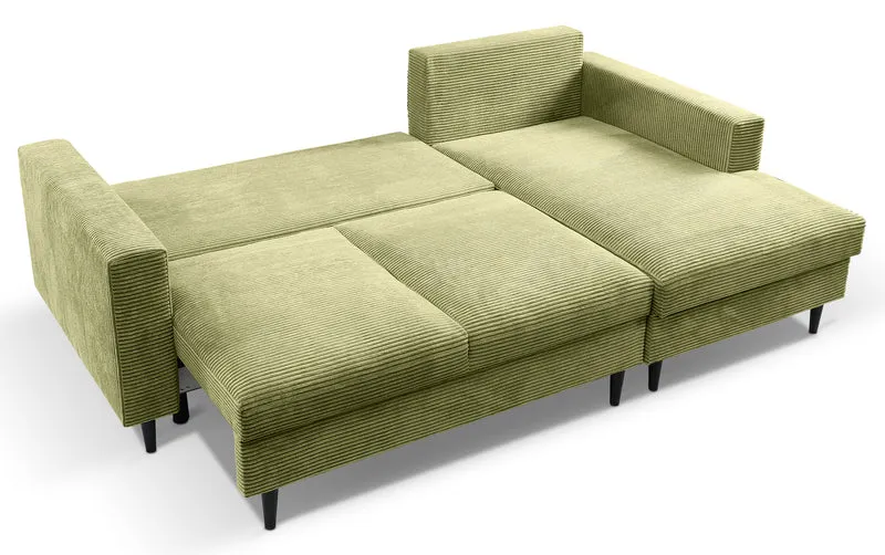 Ecksofa mit Schlaffunktion Nalika, L-förmig, mit Stauraum, pistaziengrüner Cordstoff, rechtsseitig