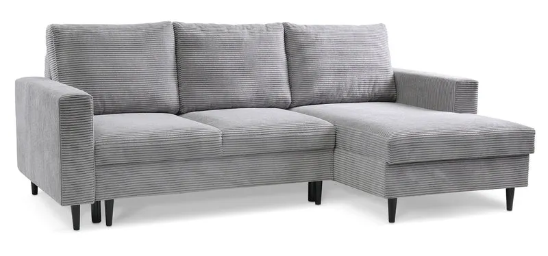 Ecksofa mit Schlafunktion Nalika, L-förmig, mit Stauraum, hellgrauer Cordstoff, rechtsseitig