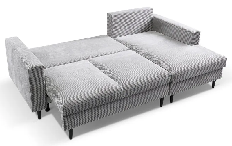 Ecksofa mit Schlafunktion Nalika, L-förmig, mit Stauraum, hellgrauer Cordstoff, rechtsseitig
