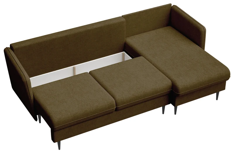 Ecksofa mit Schlafunktion Volio, L-förmig, olivgrüner Chenille-Stoff, schwarze Beine