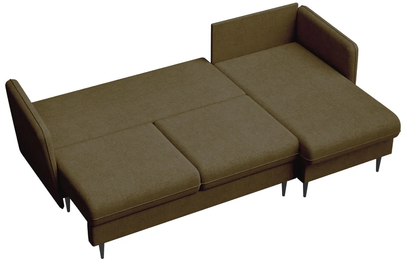 Ecksofa mit Schlafunktion Volio, L-förmig, olivgrüner Chenille-Stoff, schwarze Beine