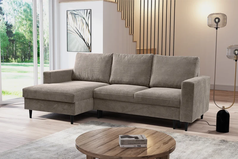 Ecksofa mit Schlaffunktion Nalika, L-förmig, mit Stauraum, beige Cord, linksseitig