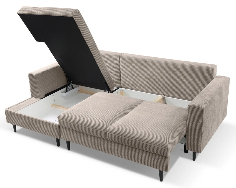 Ecksofa mit Schlaffunktion Nalika, L-förmig, mit Stauraum, beige Cord, linksseitig