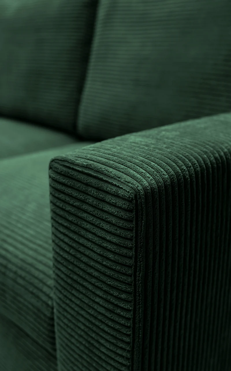 Ecksofa mit Schlafunktion Nalika, L-förmig, mit Stauraum, dunkelgrüner Cord, linksseitig