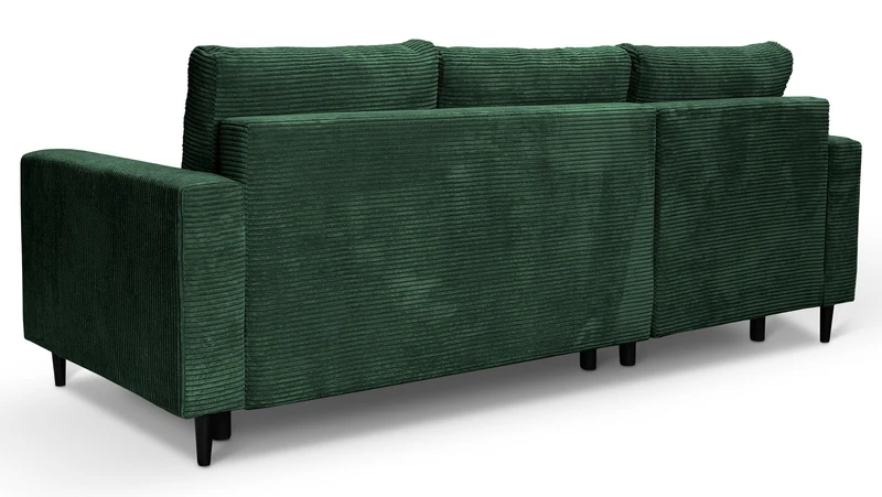 Ecksofa mit Schlafunktion Nalika, L-förmig, mit Stauraum, dunkelgrüner Cord, linksseitig