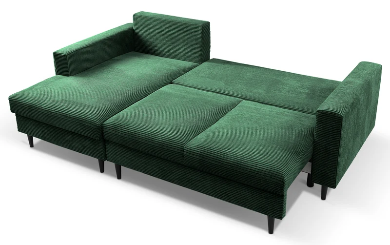 Ecksofa mit Schlafunktion Nalika, L-förmig, mit Stauraum, dunkelgrüner Cord, linksseitig