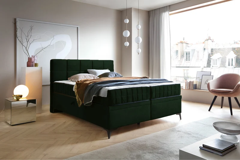 Kontinentales Bett 180x200 cm Beriano mit Stauraum und Matratze, Flaschengrün Samt