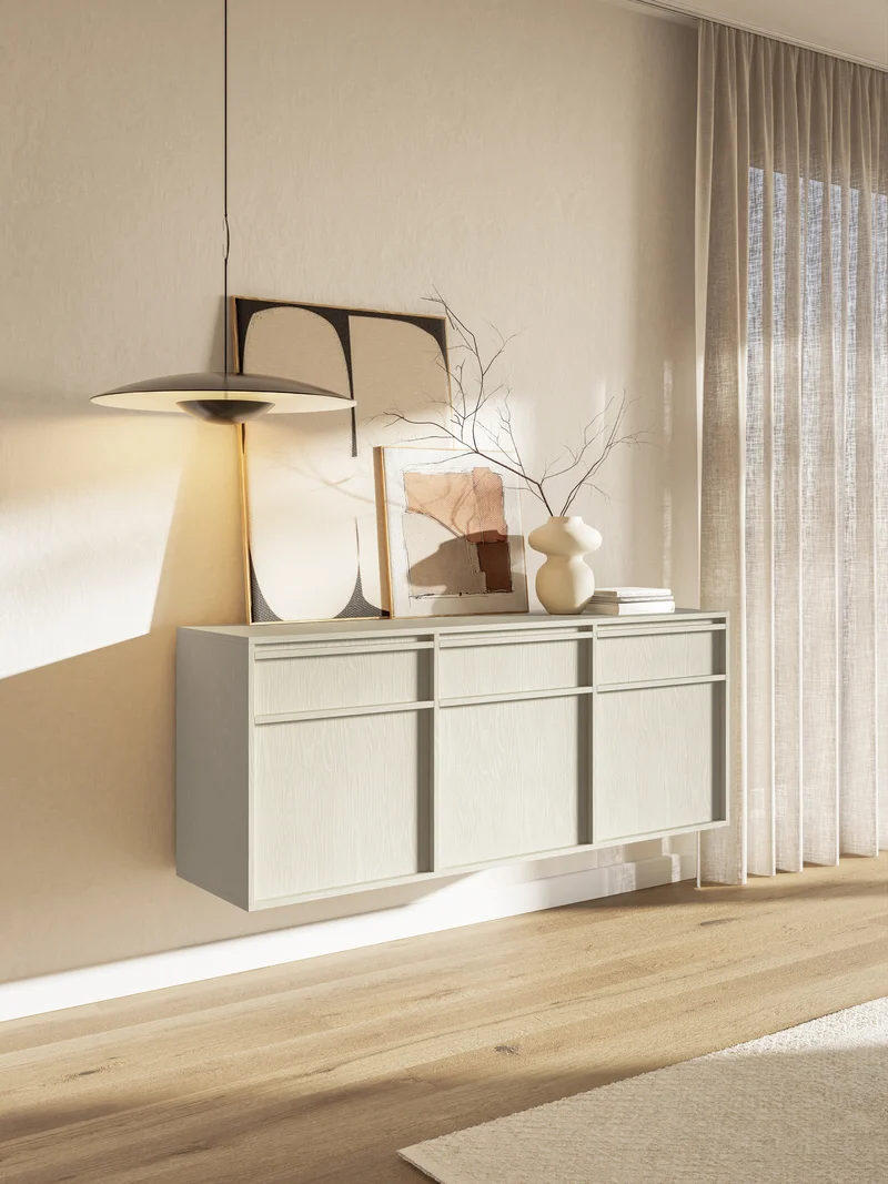Hängende dreitürige Kommode Evo mit Schubladen, 154 cm, Sandbeige