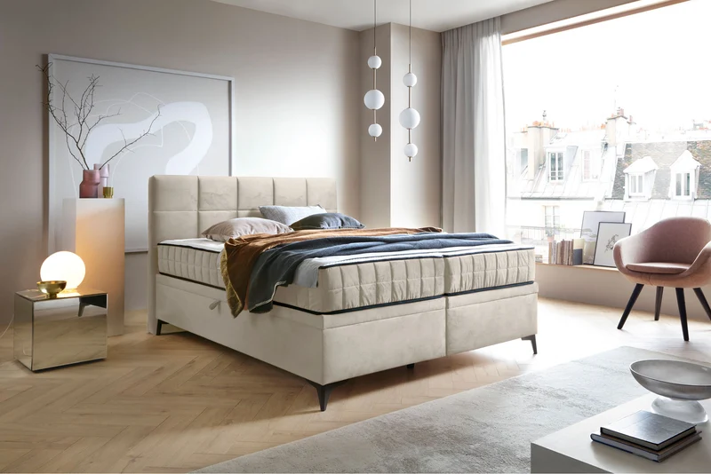Kontinentalbett 160x200 cm Beriano mit Stauraum und Matratze, hellbeiger Samt