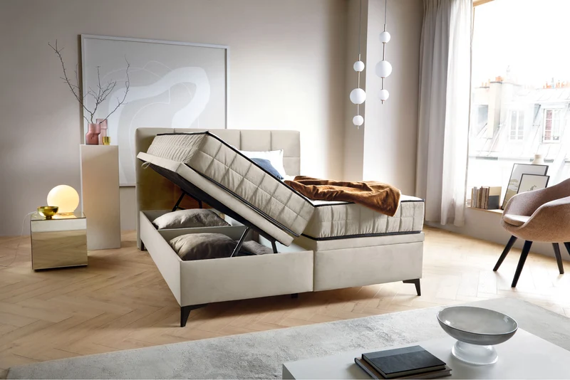 Kontinentalbett 160x200 cm Beriano mit Stauraum und Matratze, hellbeiger Samt