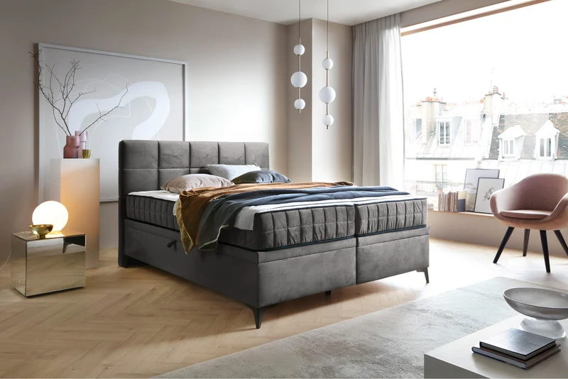 Kontinentales Bett 180x200 cm Beriano mit Stauraum und Matratze, aschgrauer Samt