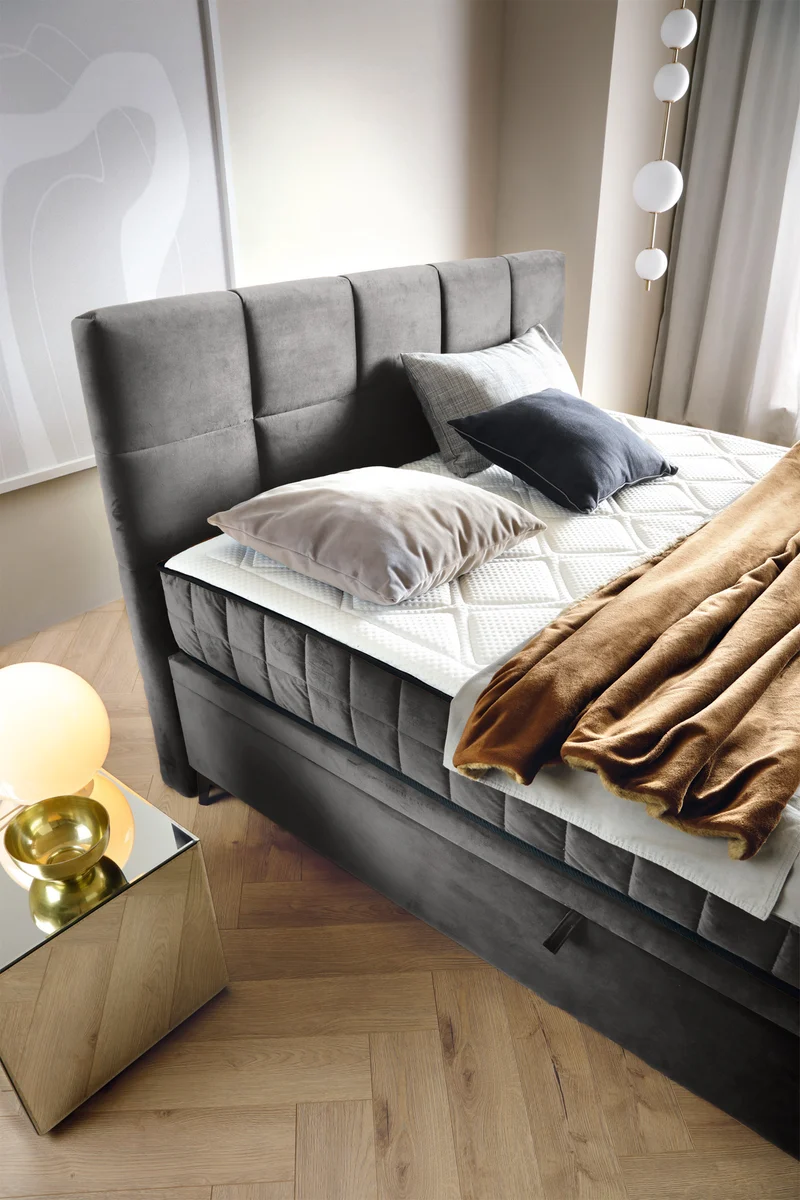 Kontinentales Bett 180x200 cm Beriano mit Stauraum und Matratze, aschgrauer Samt