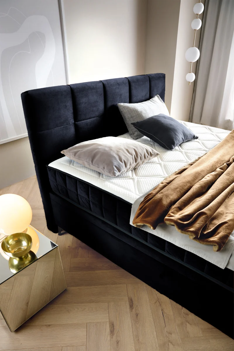 Kontinentales Bett 160x200 cm Beriano mit Stauraum und Matratze, dunkelblauer Samt