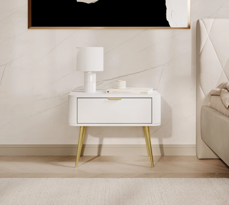 Ovaler Nachttisch mit Schublade 63 cm Weiß