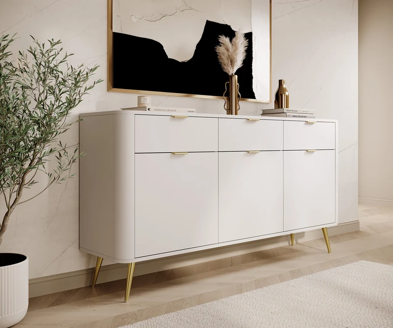 Drehtür-Kommode Oval mit Schubladen 163,5 cm Weiß