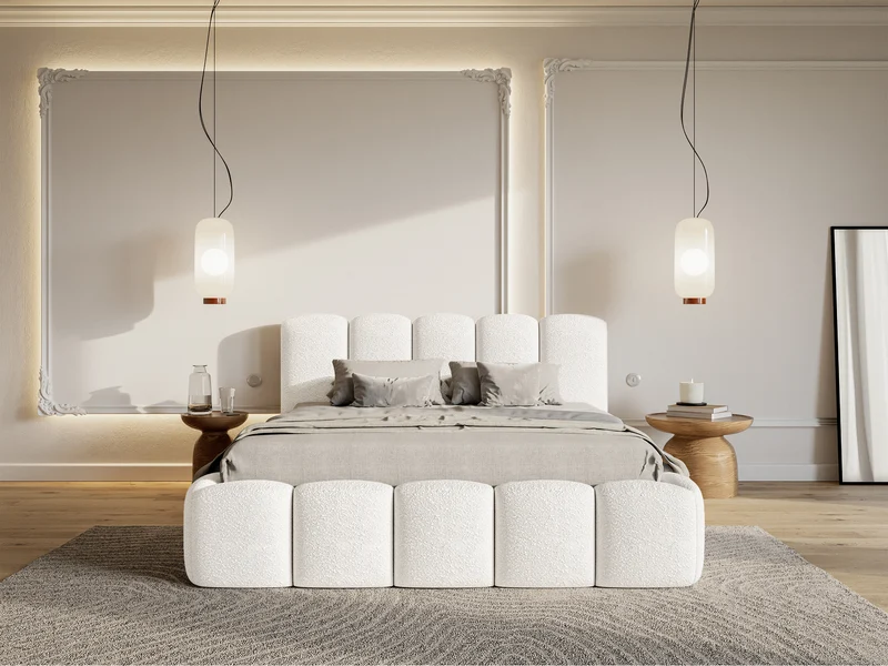 Gepolstertes Bett 140x200 cm Cloudy II mit Stauraum, cremefarbenes Bouclé, Metallrahmen