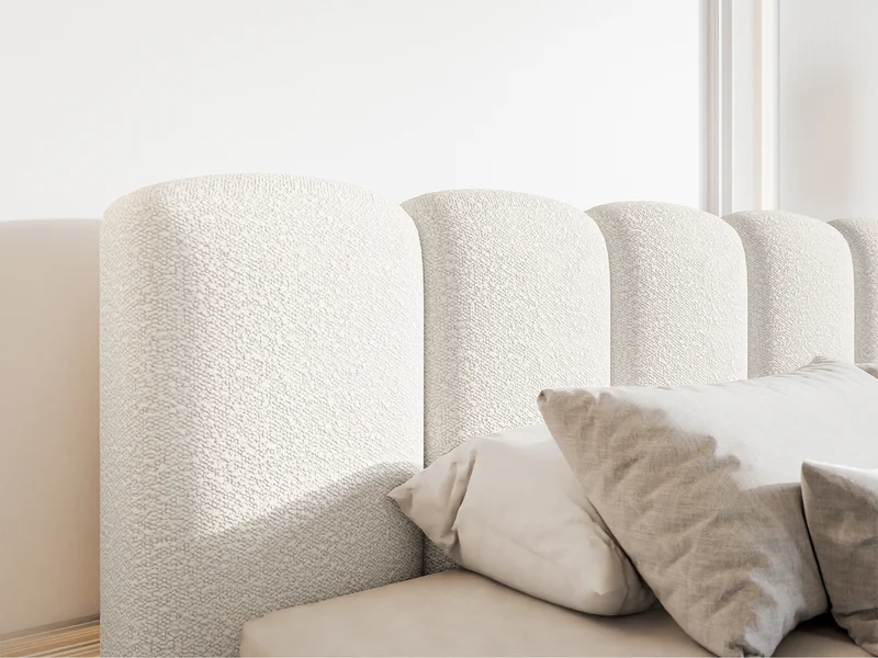 Gepolstertes Bett 140x200 cm Cloudy II mit Stauraum, cremefarbenes Bouclé, Metallrahmen