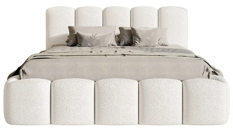 Gepolstertes Bett 140x200 cm Cloudy II mit Stauraum, cremefarbenes Bouclé, Metallrahmen