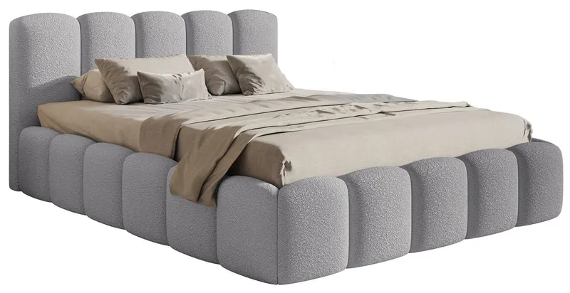 Gepolstertes Bett 140x200 cm Cloudy II mit Stauraum, grauer Bouclé, Metallrahmen