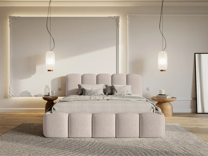 Polsterbett 180x200 cm Cloudy II mit Stauraum, hellbeige Bouclé, Metallrahmen