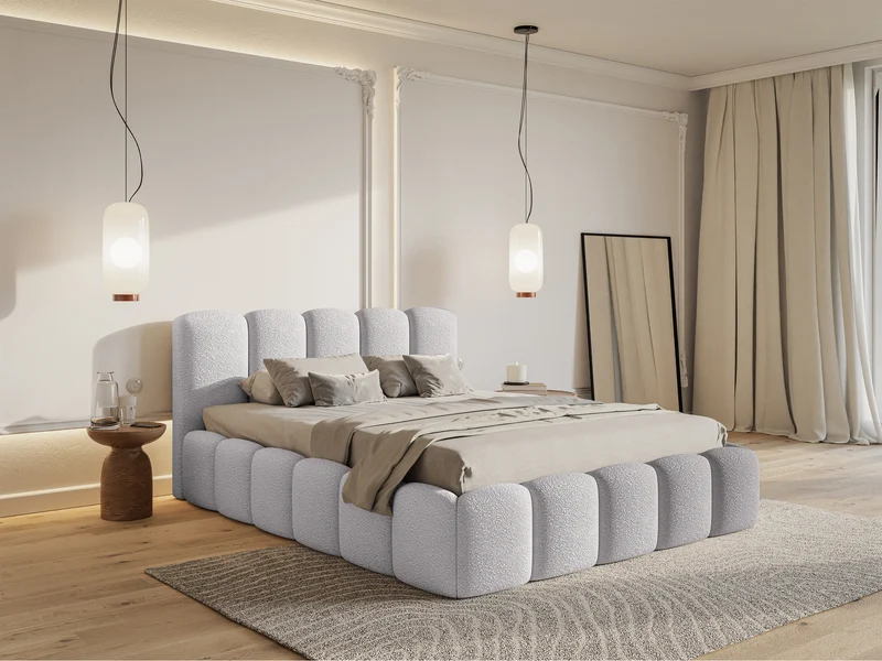 Gepolstertes Bett 160x200 cm Cloudy II mit Stauraum, hellgrauer Bouclé-Stoff, Metallrahmen