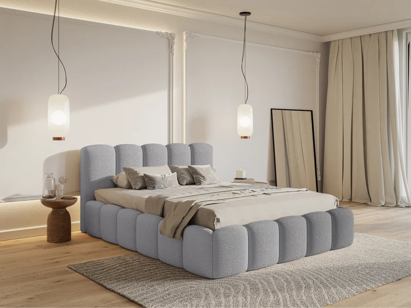 Gepolstertes Bett 140x200 cm Cloudy II mit Stauraum, grauer Bouclé, Metallrahmen