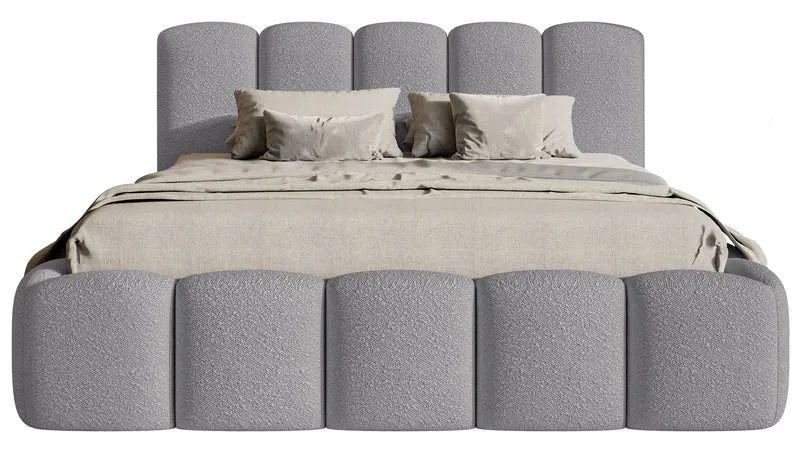 Gepolstertes Bett 140x200 cm Cloudy II mit Stauraum, grauer Bouclé, Metallrahmen