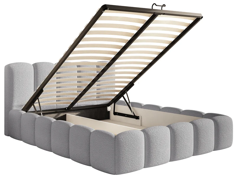 Gepolstertes Bett 140x200 cm Cloudy II mit Stauraum, grauer Bouclé, Metallrahmen