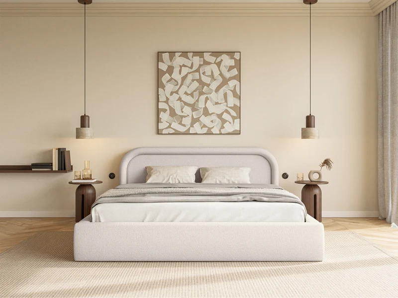 Polsterbett 180x200 cm Ruvi mit Stauraum, hellbeiger Chenille-Stoff
