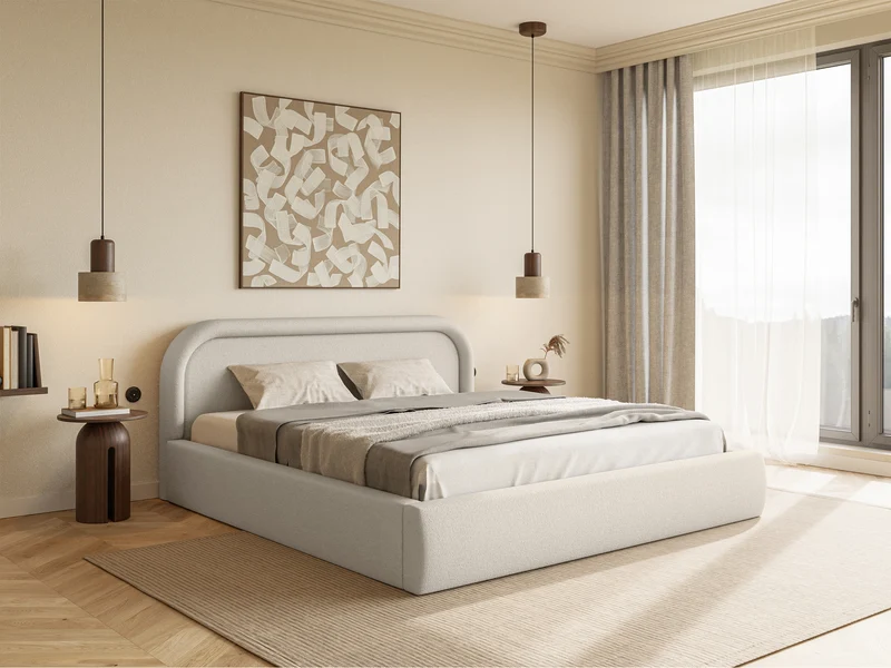Polsterbett 180x200 cm Ruvi mit Stauraum, hellbeiger Chenille-Stoff