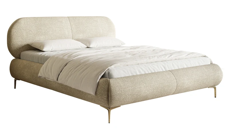 Polsterbett 140x200 cm Ovalle mit Stauraum, Metallrahmen, beiger hydrophober Chenille, goldene Beine