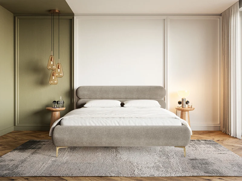 Polsterbett 140x200 cm Roule mit Stauraum, Metallrahmen, hellbeiger Samt mit wasserabweisender Beschichtung, goldene Beine