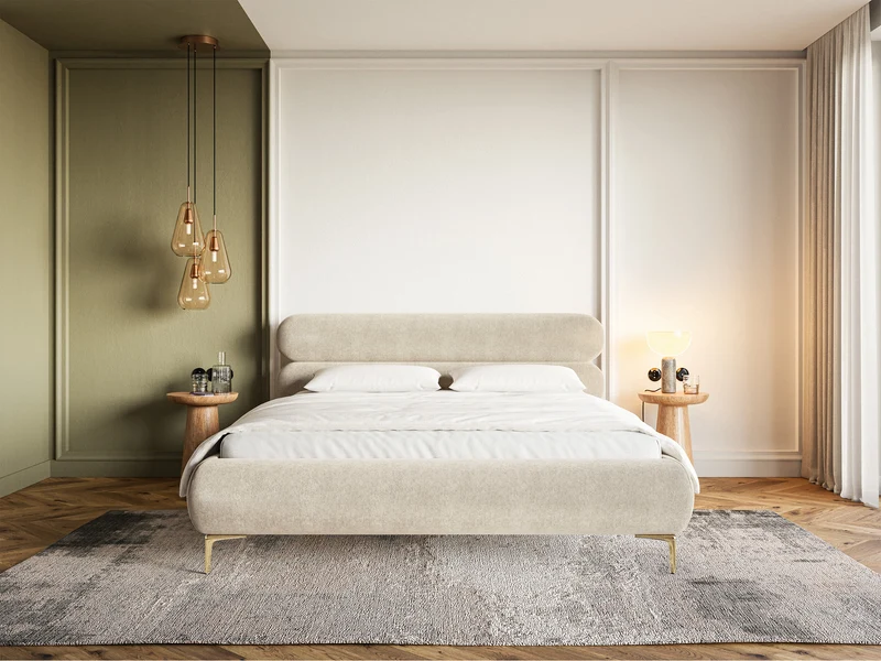 Polsterbett 160x200 cm Roule mit Stauraum, Metallrahmen, hellbeiger hydrophober Samt, goldene Füße