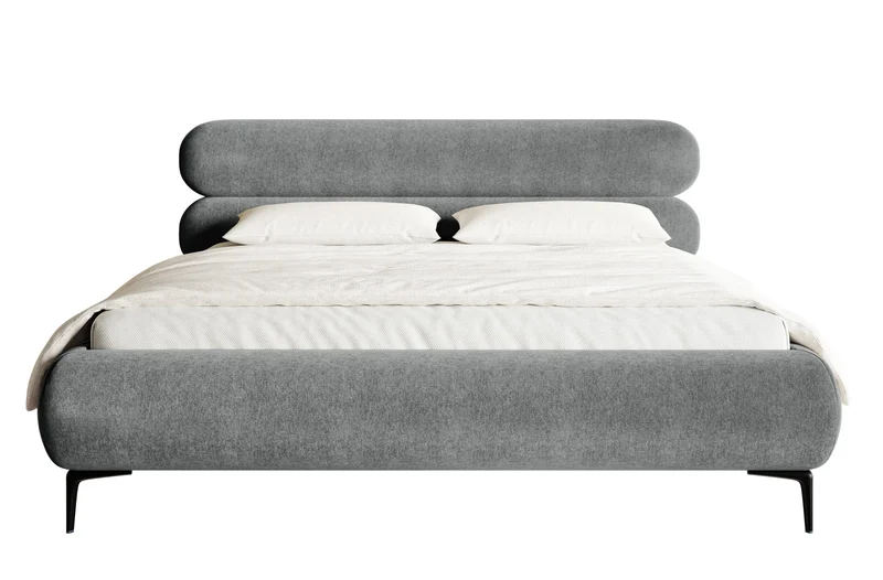 Gepolstertes Bett 160x200 cm Roule mit Stauraum, Metallrahmen, grauer wasserabweisender Samt, schwarze Beine