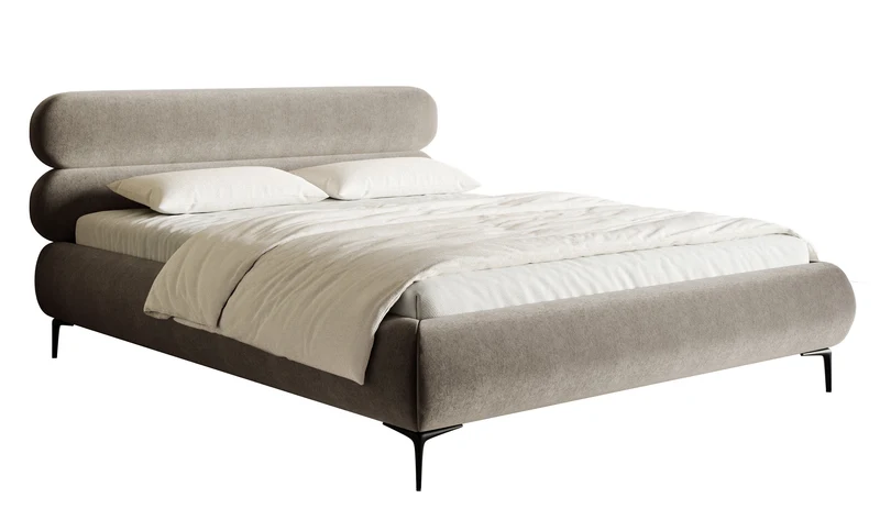 Gepolstertes Bett 180x200 cm Roule mit Stauraum, Metallrahmen, grau-beiger wasserabweisender Samt, schwarze Füße