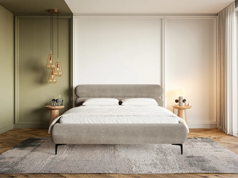 Gepolstertes Bett 180x200 cm Roule mit Stauraum, Metallrahmen, grau-beiger wasserabweisender Samt, schwarze Füße