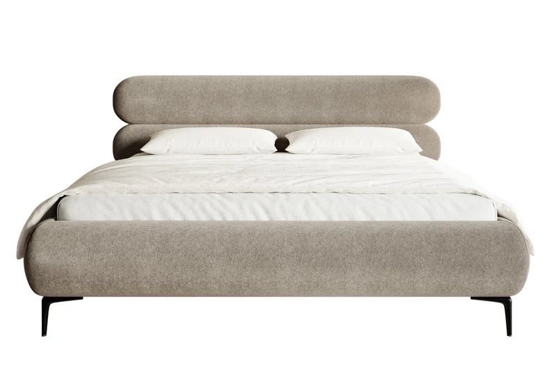 Gepolstertes Bett 180x200 cm Roule mit Stauraum, Metallrahmen, grau-beiger wasserabweisender Samt, schwarze Füße