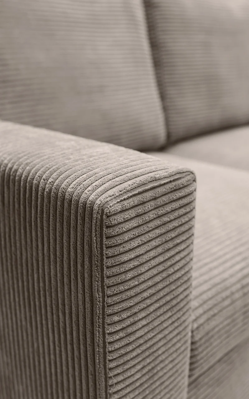 Ecksofa mit Schlaffunktion Nalika, L-förmig, mit Stauraum, beige Cord, rechtsseitig