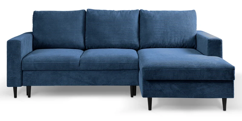 Ecksofa mit Schlaffunktion Nalika, L-förmig, mit Stauraum, marineblauer Cordstoff, rechtsseitig