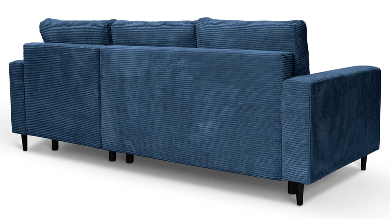 Ecksofa mit Schlaffunktion Nalika, L-förmig, mit Stauraum, marineblauer Cordstoff, rechtsseitig