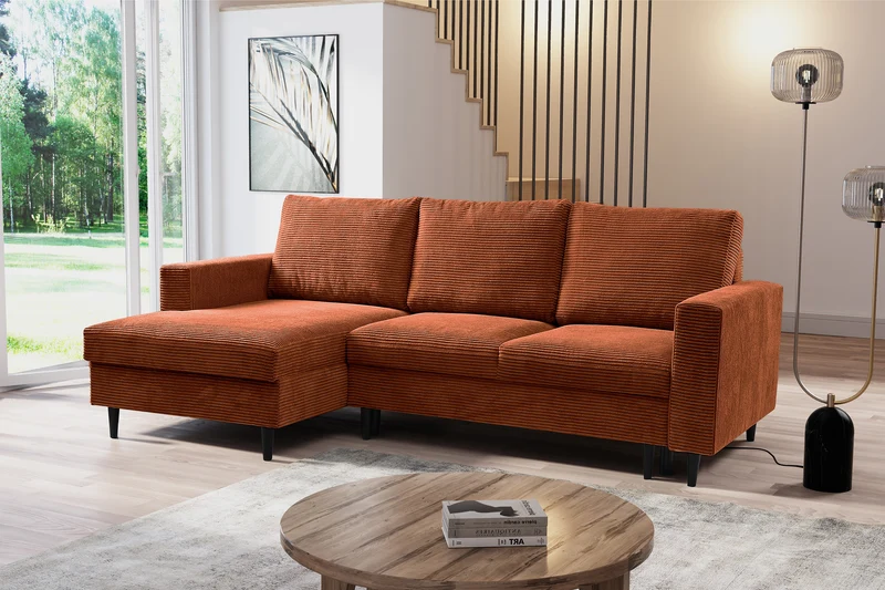 Ecksofa mit Schlafunktion Nalika, L-förmig, mit Stauraum, kupferfarbener Cord, linke Seite