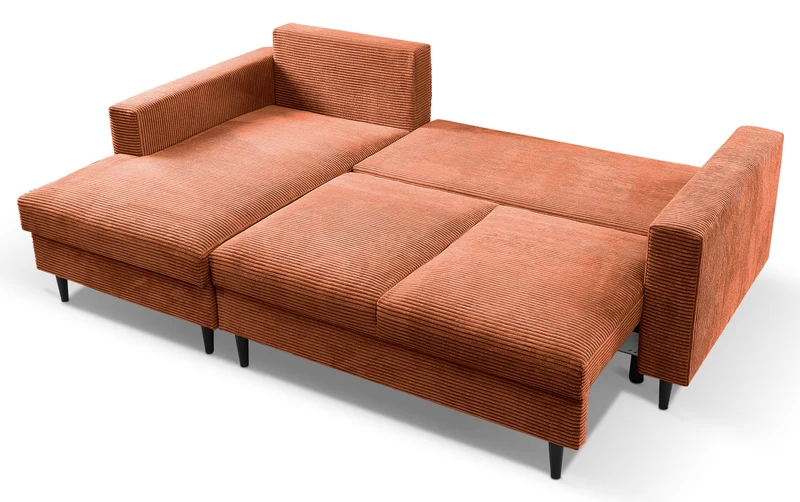 Ecksofa mit Schlafunktion Nalika, L-förmig, mit Stauraum, kupferfarbener Cord, linke Seite