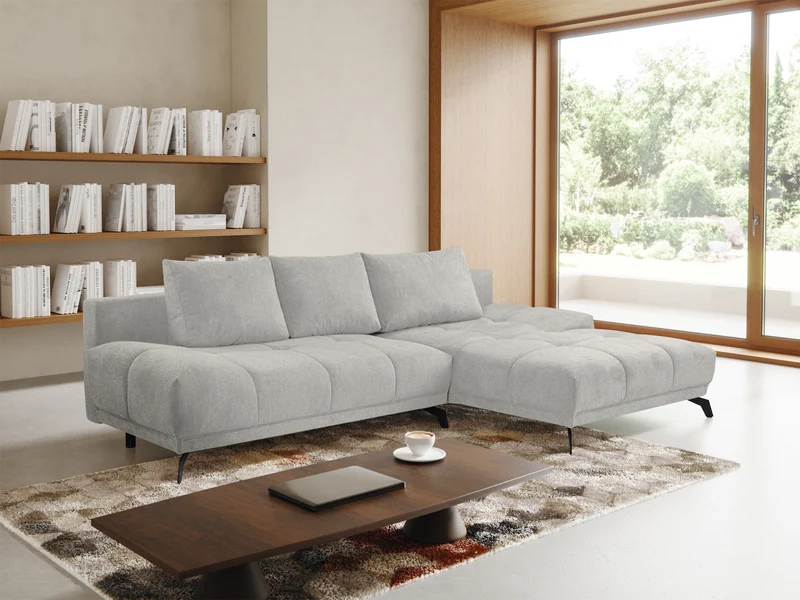 Felipe Ecksofa mit Schlaffunktion, L-Form, rechtsseitig, mit Stauraum, hellgrauer hydrophober Chenillestoff