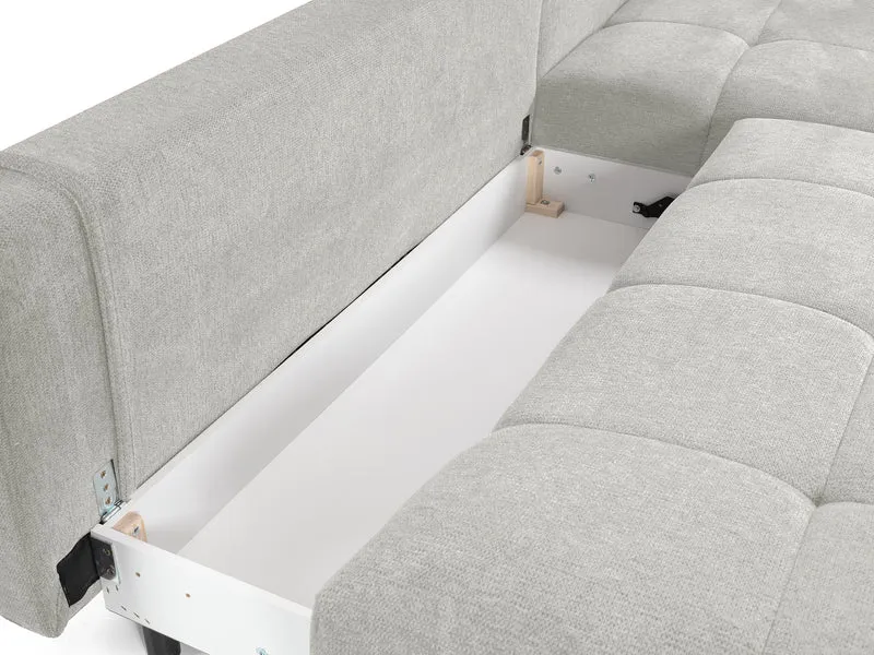 Felipe Ecksofa mit Schlaffunktion, L-Form, rechtsseitig, mit Stauraum, hellgrauer hydrophober Chenillestoff